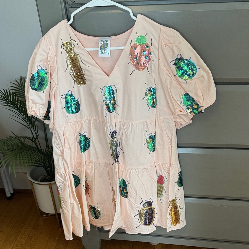 QUEEN OF SPARKLES Peach Bug Embellished Dress